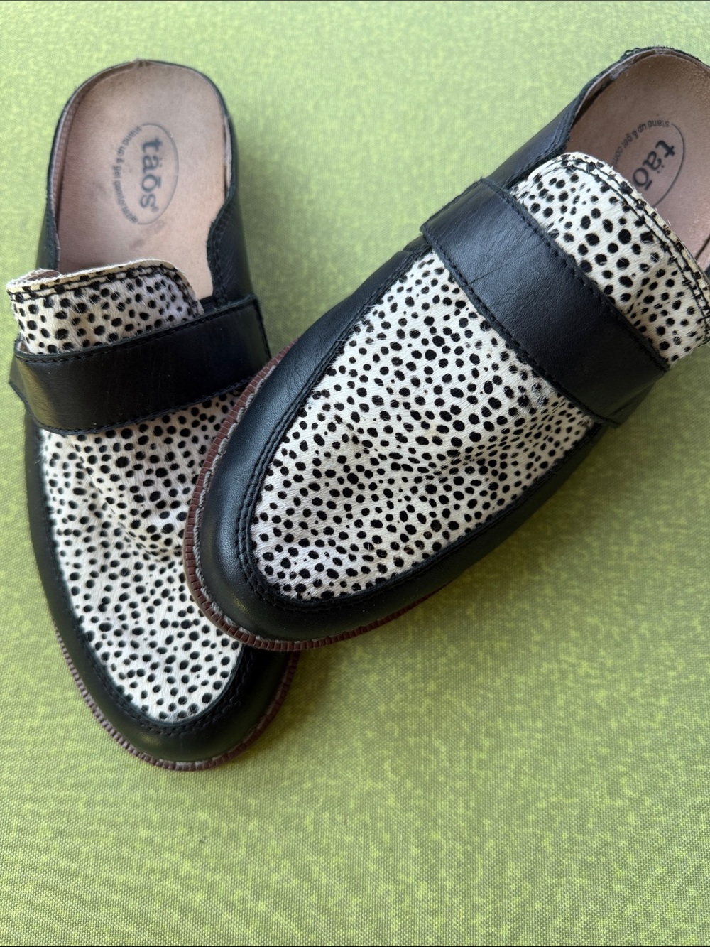Taos Footwear Black and White Spotted Slip-On Mules